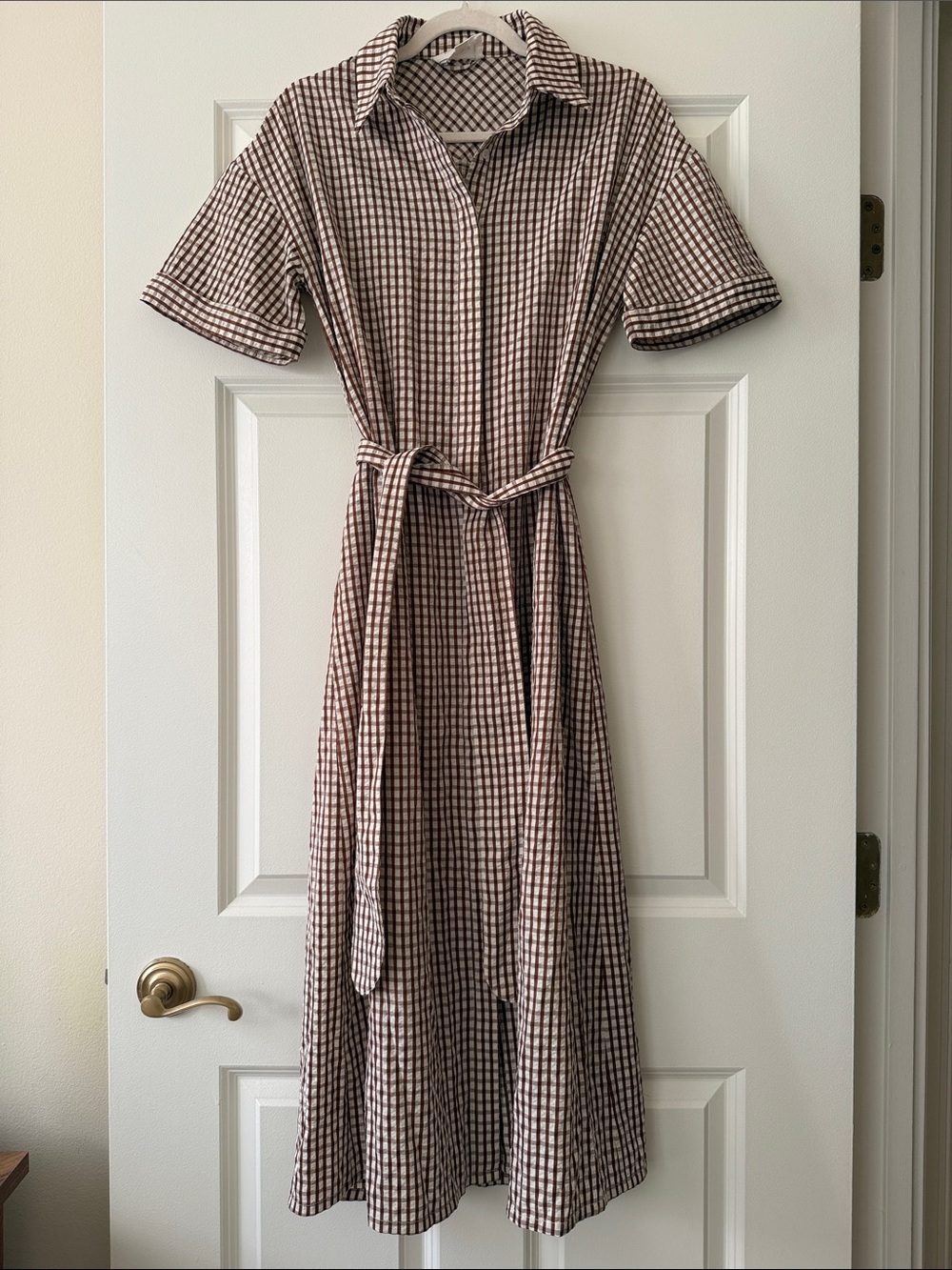 Pomander Place Brown and Cream Checked Maxi Shirt Dress size Small